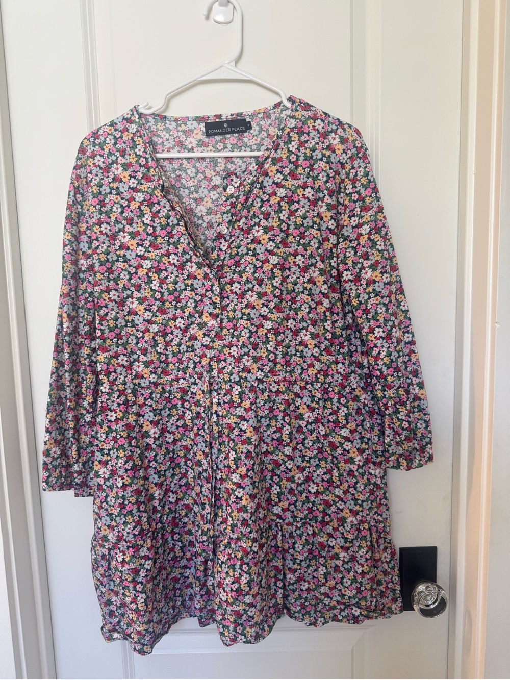 Pomander Place Floral V-Neck Long Sleeve Tunic Dress - Pink Multi
